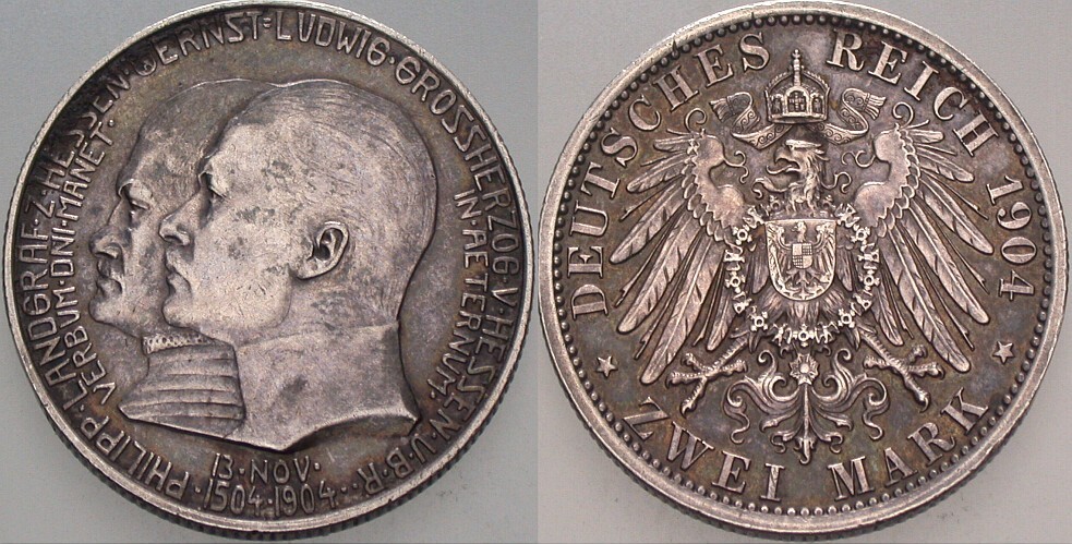 Hessen 2 Mark 1904 A Ernst Ludwig 1892 1918 Patina sehr schön MA