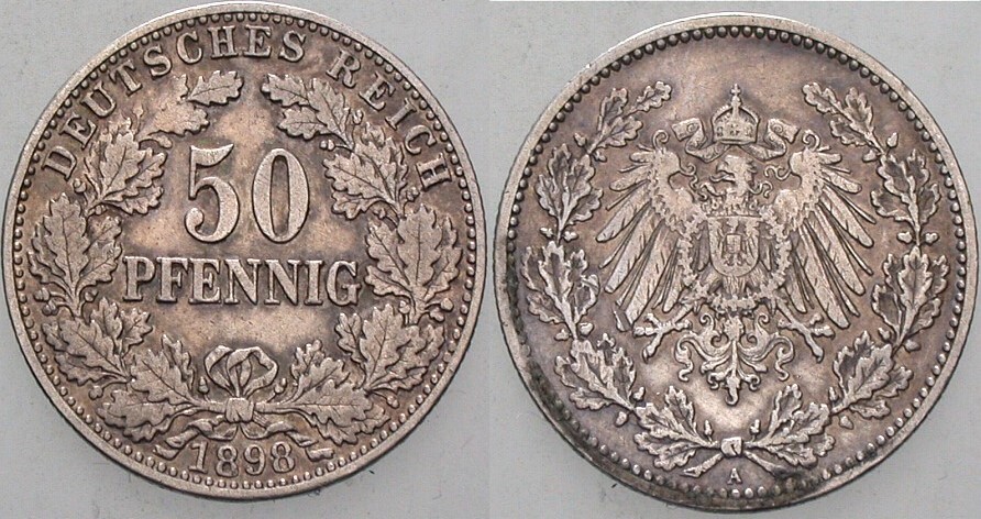 Kleinmünzen Kaiserreich 50 Pfennig 1898 A Grosser Adler Sehr schön MA