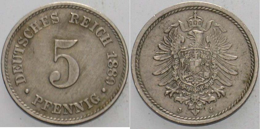 Kleinmünzen Kaiserreich 5 Pfennig 1889 J Kleiner Adler Sehr schön