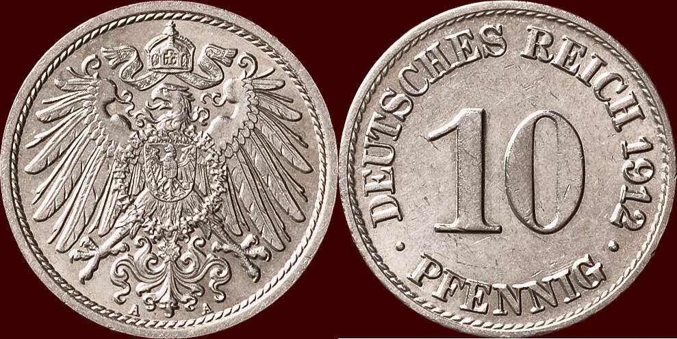 10 Pfennig GERMANY DEUTSCHES REICH WILHELM II 1888 1918 1912 A