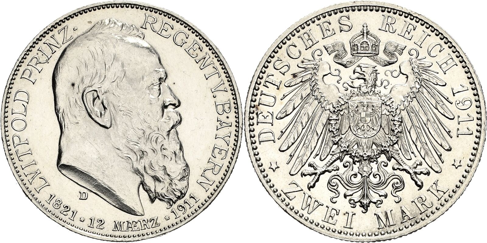 Bayern 2 Mark 1911 Luitpold 1886 1912 Avers kl Kratzer Vorzüglich