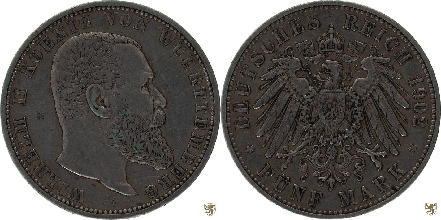 Württemberg 5 Mark 1902 F Wilhelm II sehr schön MA Shops