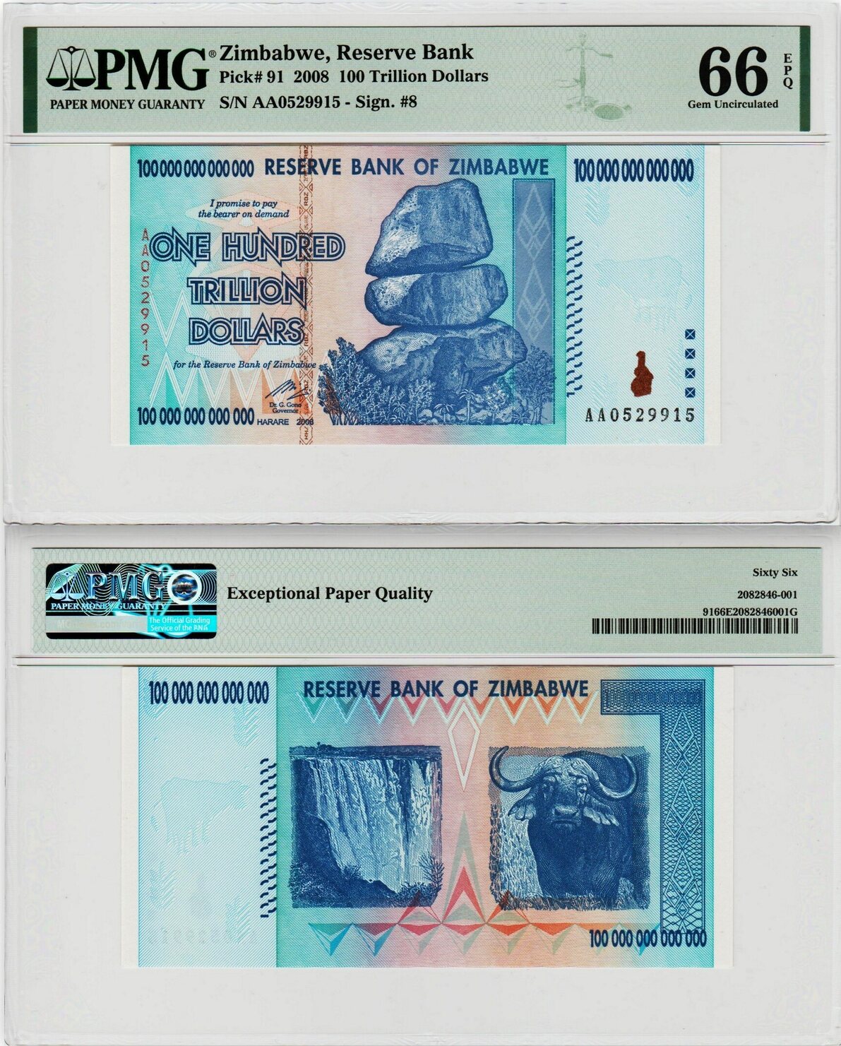 Zimbabwe 100 Trillion Dollars 2008 PMG 66 EPQ MA Shops