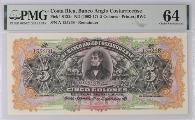 Costa Rica 5 Colones 1903 17 Remainder PMG 64 MA Shops