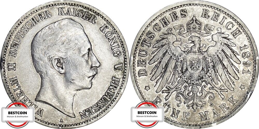 PREUSSEN 5 Mark 1891 A J 104 geprägt unter Kaiser Wilhelm II SS min