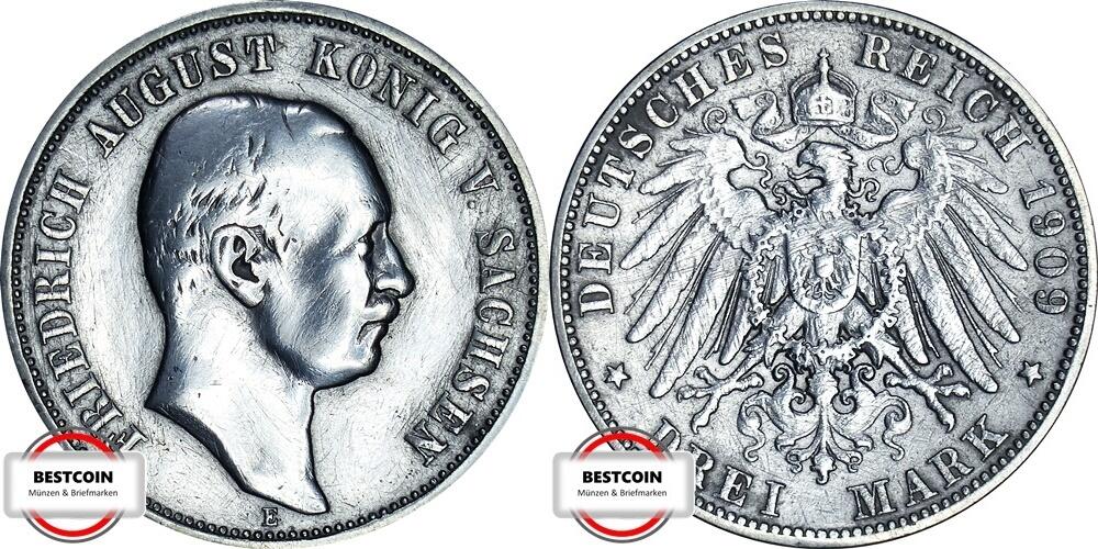 SACHSEN 3 Mark 1909 E J 135 geprägt unter König Friedrich August III