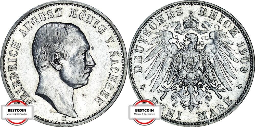 SACHSEN 3 Mark 1909 E J 135 geprägt unter König Friedrich August III