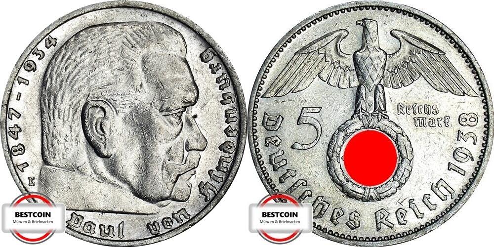 DEUTSCHLAND 5 Reichsmark 1938 E J 367 Paul Von Hindenburg VZ MA Shops