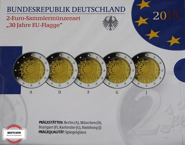 DEUTSCHLAND 5 X 2 2015 A D F G J 2 Euro Gedenkmünzenset 30 JAHRE EU