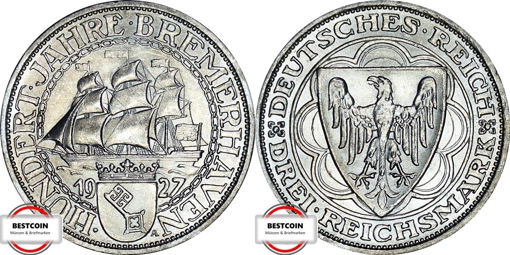 WEIMARER REPUBLIK 3 Reichsmark 1927 A J 325 100 Jahre Bremerhaven VZ