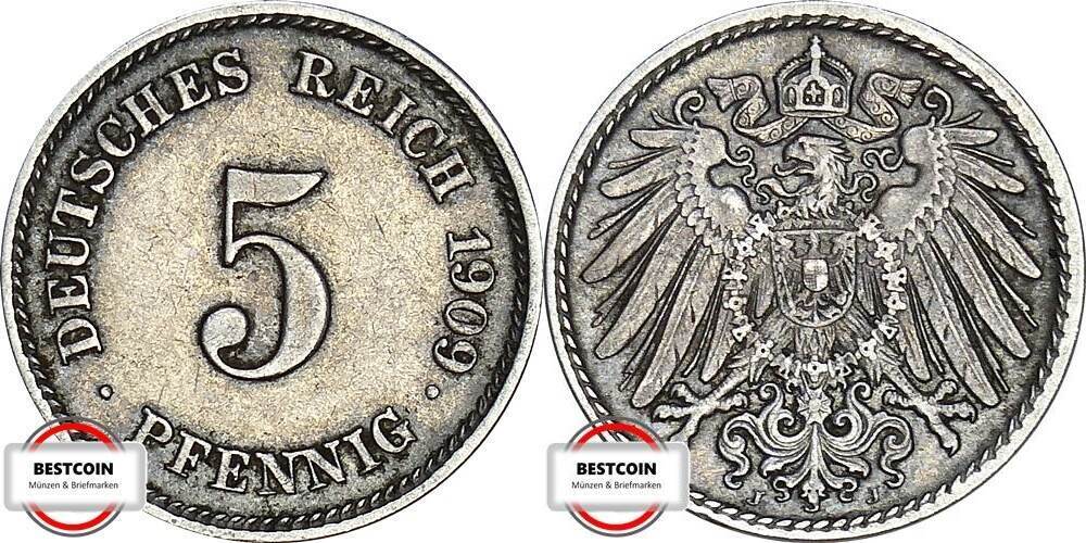 KAISERREICH 5 Pfennig 1909 J J 12 Kursmünze SS VZ MA Shops