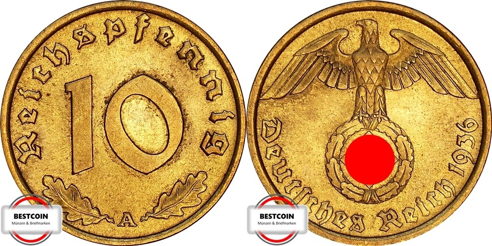 DRITTE REICH 10 Pfennig 1936 A J 364 Kursmünze TOP STG MA Shops