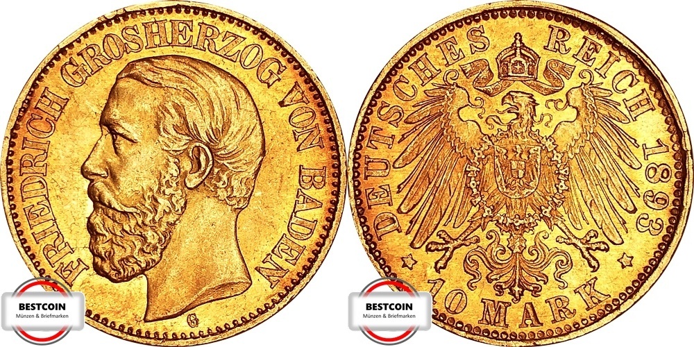 BADEN 10 Mark 1893 G J 188 geprägt unter Großherzog Friedrich I