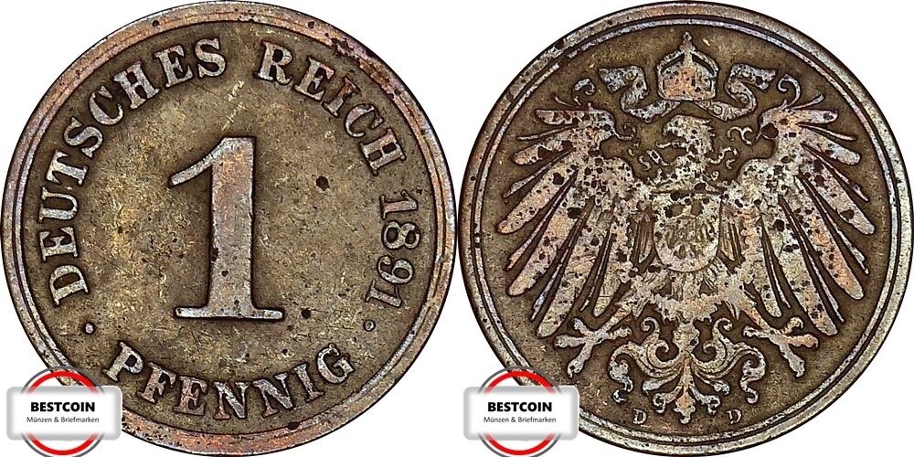 1 Pfennig 1891 D J 10 Kursmünze aus dem Kaiserreich SS MA Shops