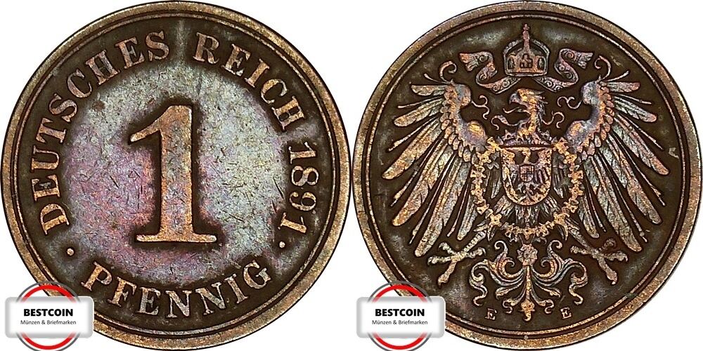 1 Pfennig 1891 E J 10 Kursmünze aus dem Kaiserreich SS MA Shops