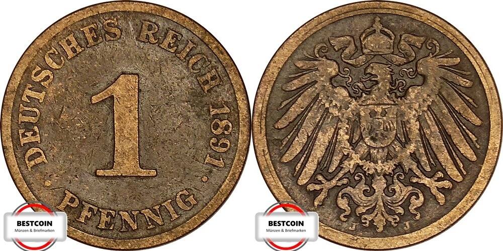 1 Pfennig 1891 J J 10 Kursmünze aus dem Kaiserreich SS MA Shops