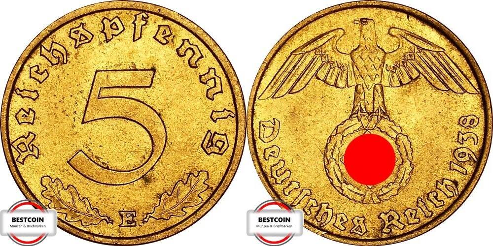 DRITTE REICH 5 Reichspfennig 1938 E J 363 Kursmünze fast STG MA Shops