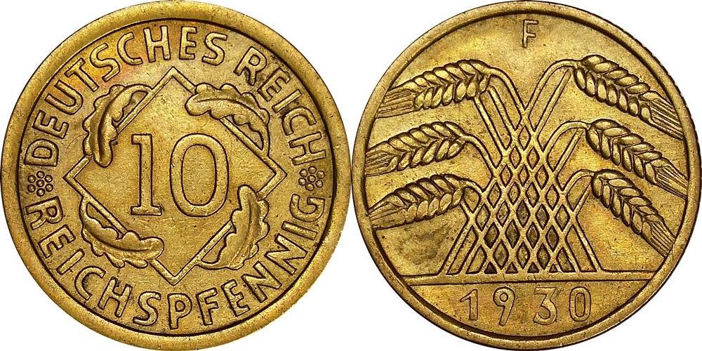 WEIMARER REPUBLIK 10 Reichspfennig 1930 F J 317 Kursmünze VZ STG MA