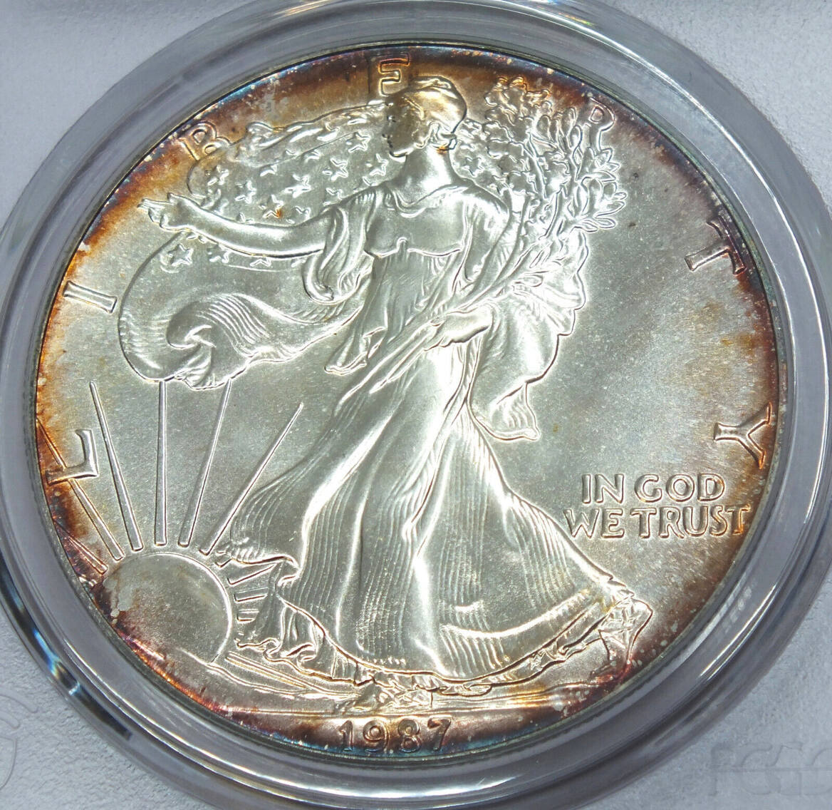 Anlagemünzen Dollar 1987 American Eagle 1 oz Silver PCGS MS67 Toning