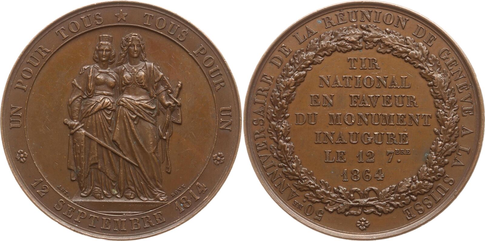 Schweiz Genf Bronzemedaille 1864 v Bovy Schützenmedaille anl 50