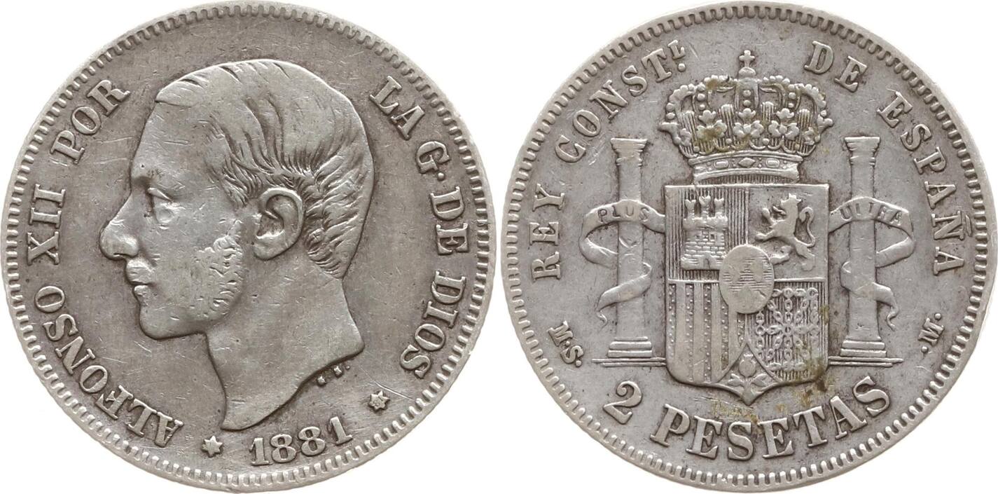 Spanien Königreich 2 Pesetas 1881 Alfonso XII 1874 1885 Sehr schön