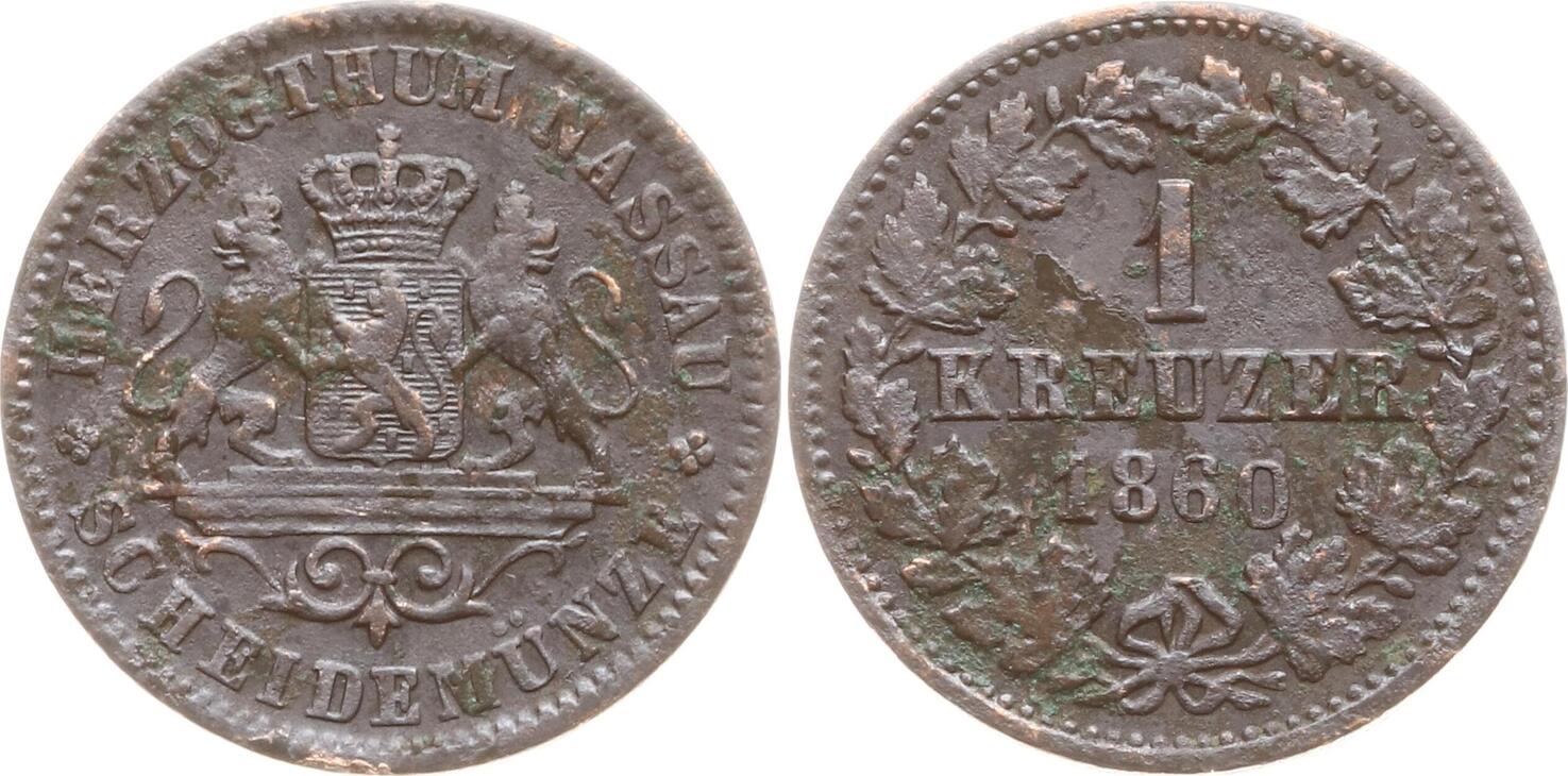 Nassau Herzogtum Cu Kreuzer 1860 Adolph 1839 1866 Gutes sehr schön