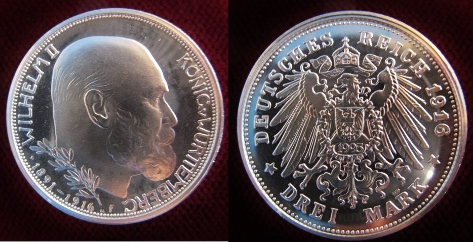 Württemberg 3 Mark 1916 Wilhelm II Replik 1995 in Feinsilber zum