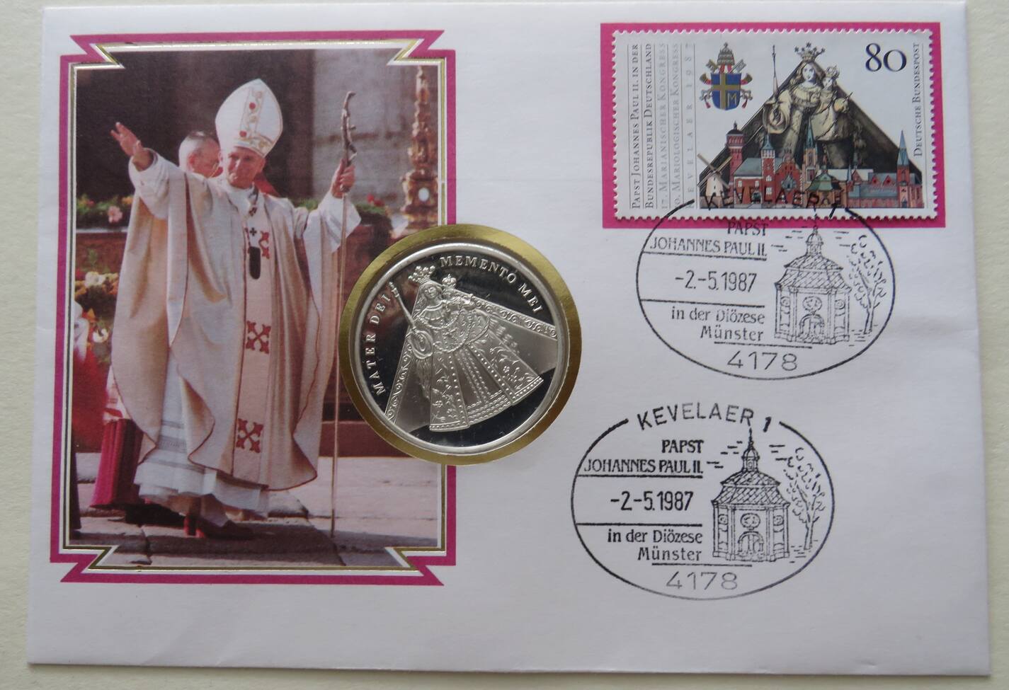 BRD Numisbrief 1987 Medaille Papst Johannes Paul II Kevelaer In De