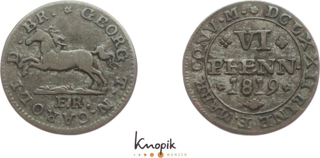 Braunschweig Wolfenbüttel 6 Pfennig 1819 FR Karl 1815 1830 sehr schön