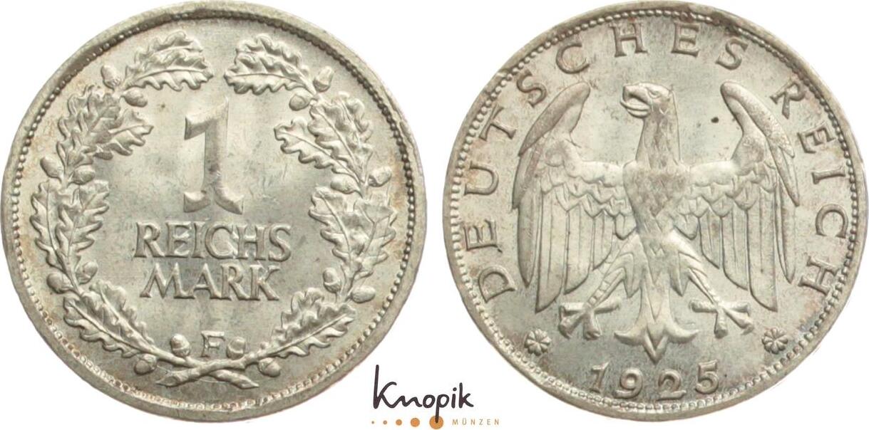 Weimarer Republik 1 Reichsmark 1925 F Kursmünzen 1918 1933 vorzüglich