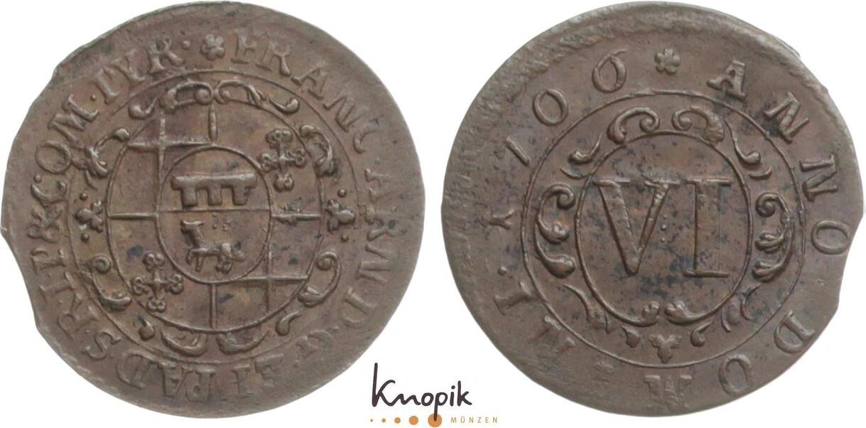 Paderborn Bistum Cu 6 Pfennig 1706 Franz Arnold Von Metternich 1704