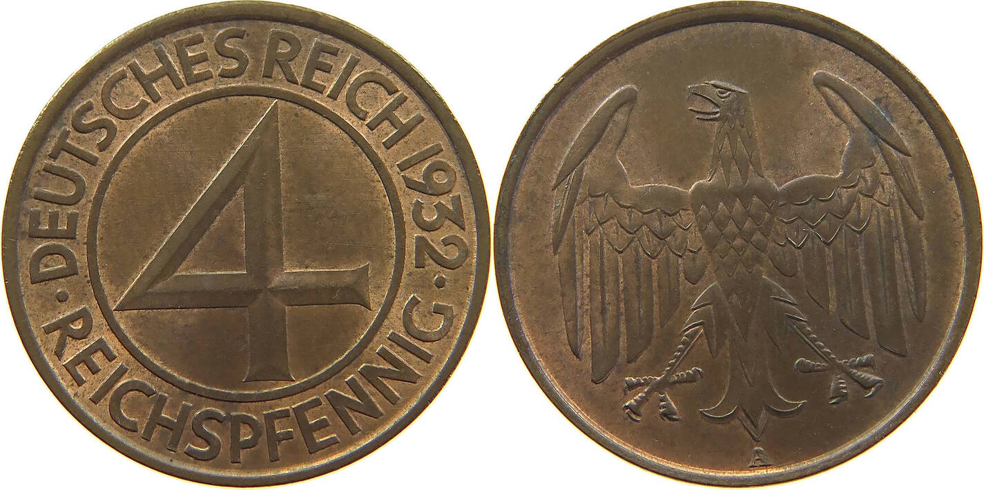 WEIMARER REPUBLIK 4 REICHSPFENNIG 1932 A VZ MA Shops