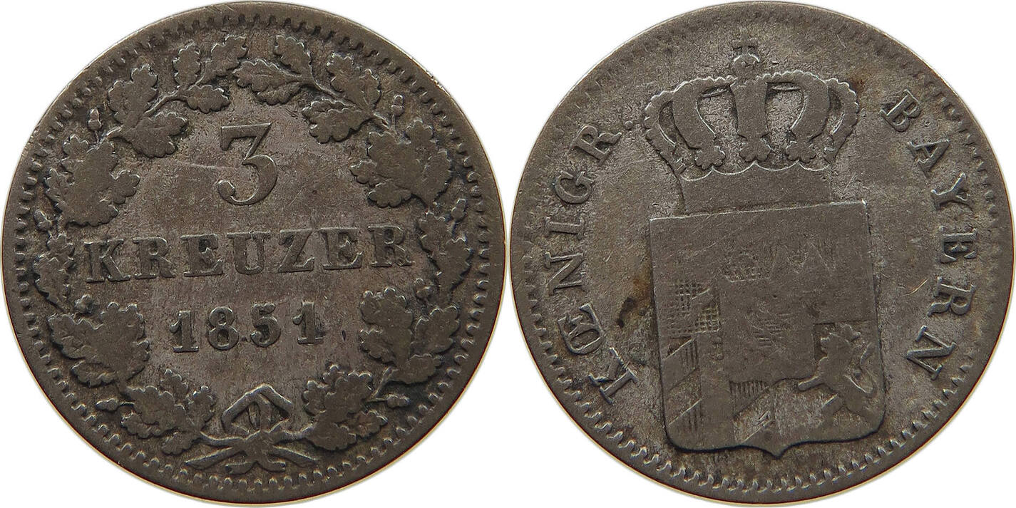 BAYERN 3 KREUZER 1851 Maximilian II Joseph 1848 1864 SS MA Shops