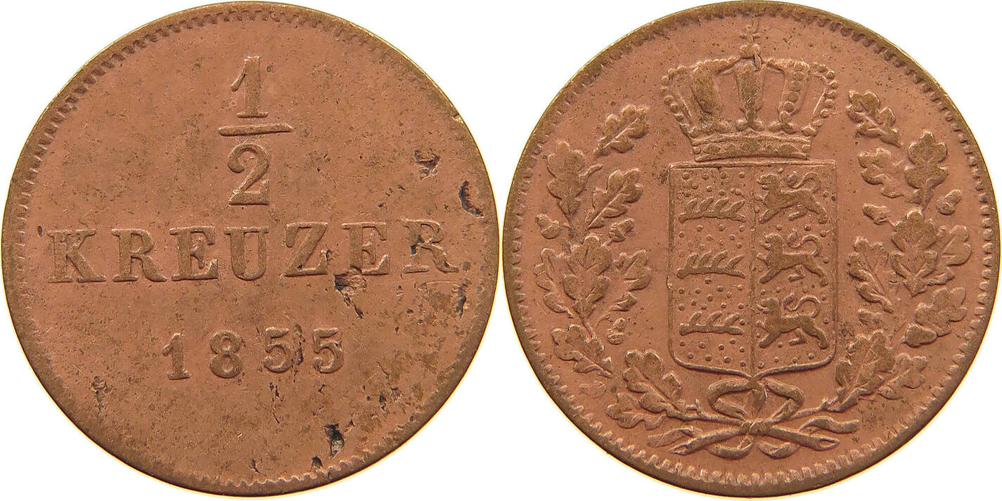 WÜRTTEMBERG 1 2 KREUZER 1855 Wilhelm I 1816 1864 SS MA Shops