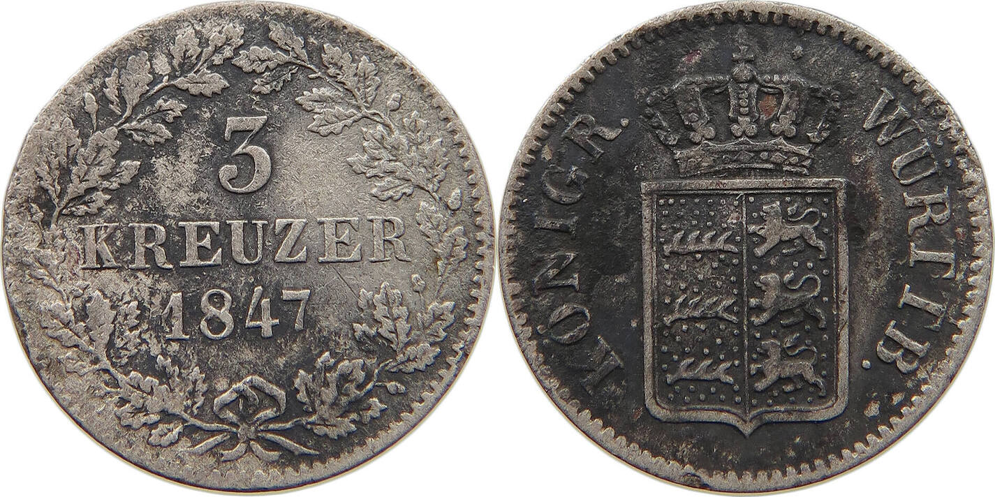 WÜRTTEMBERG 3 KREUZER 1847 Wilhelm I 1816 1864 S MA Shops