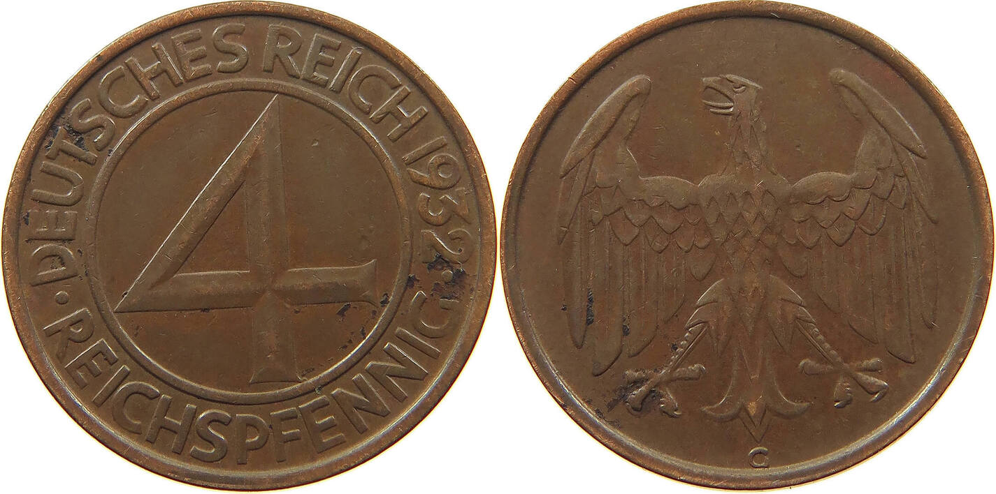 WEIMARER REPUBLIK 4 PFENNIG 1932 G SS MA Shops