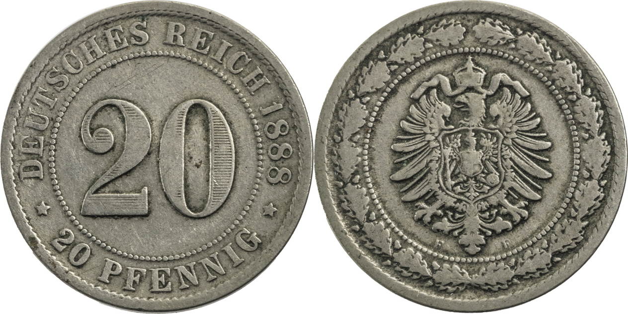 Deutschland Kaiserreich 20 Pfennig 1888 F Kursmünze ss MA Shops