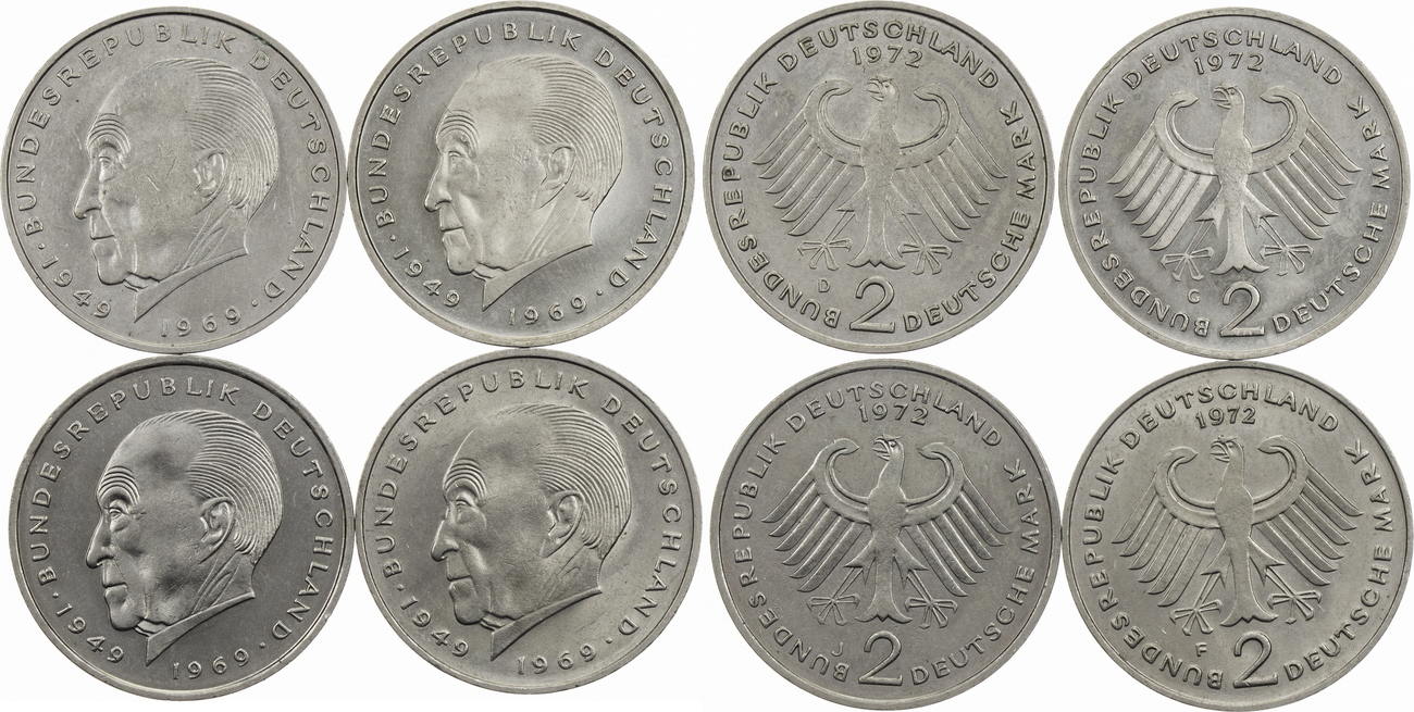 Deutschland Bundesrepublik 4 x 2 DM 1972 DFGJ 2 D Mark Kursmünzen