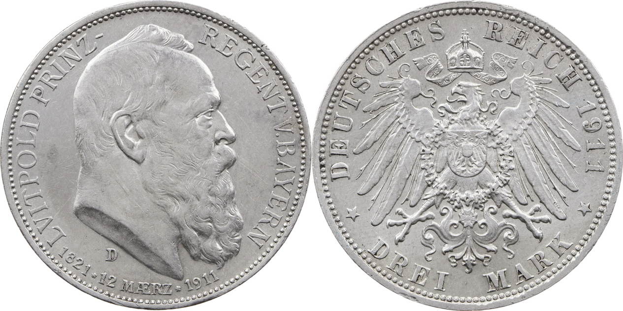 Königreich Bayern 3 Mark 1911 D Prinzregent Luitpold 1886 1912