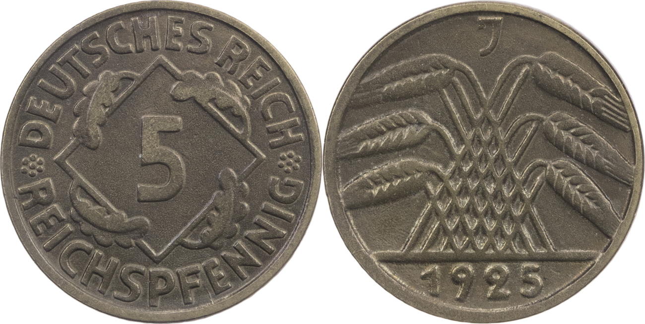 Weimarer Republik 5 Reichspfennig 1925 J Kursmünze vz MA Shops