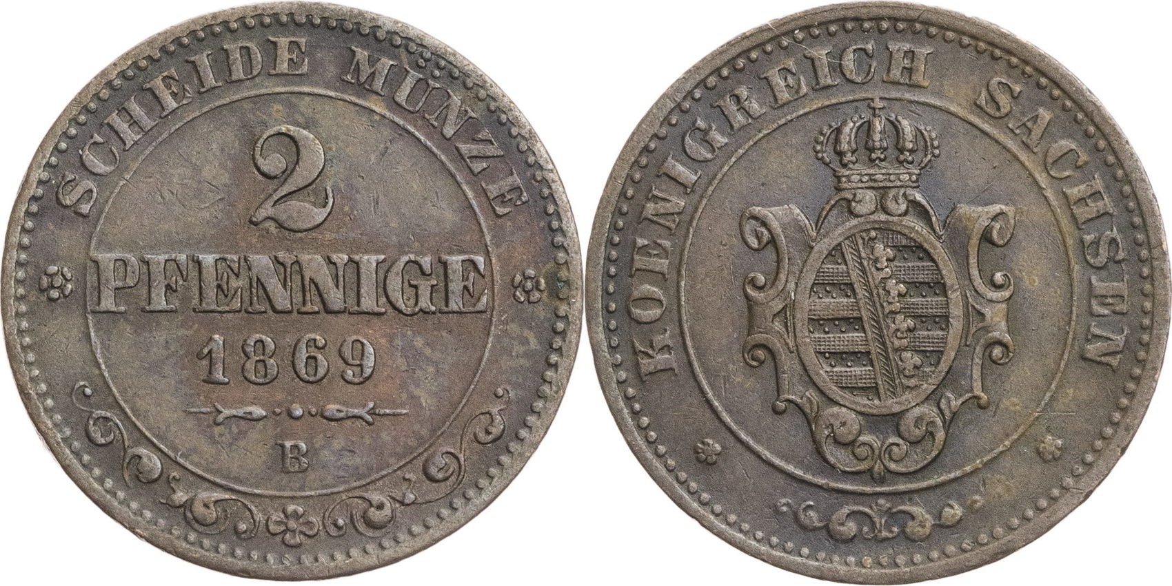 Sachsen Königreich 2 Pfennig 1869 B Johann I 1854 1873 Kursmünze