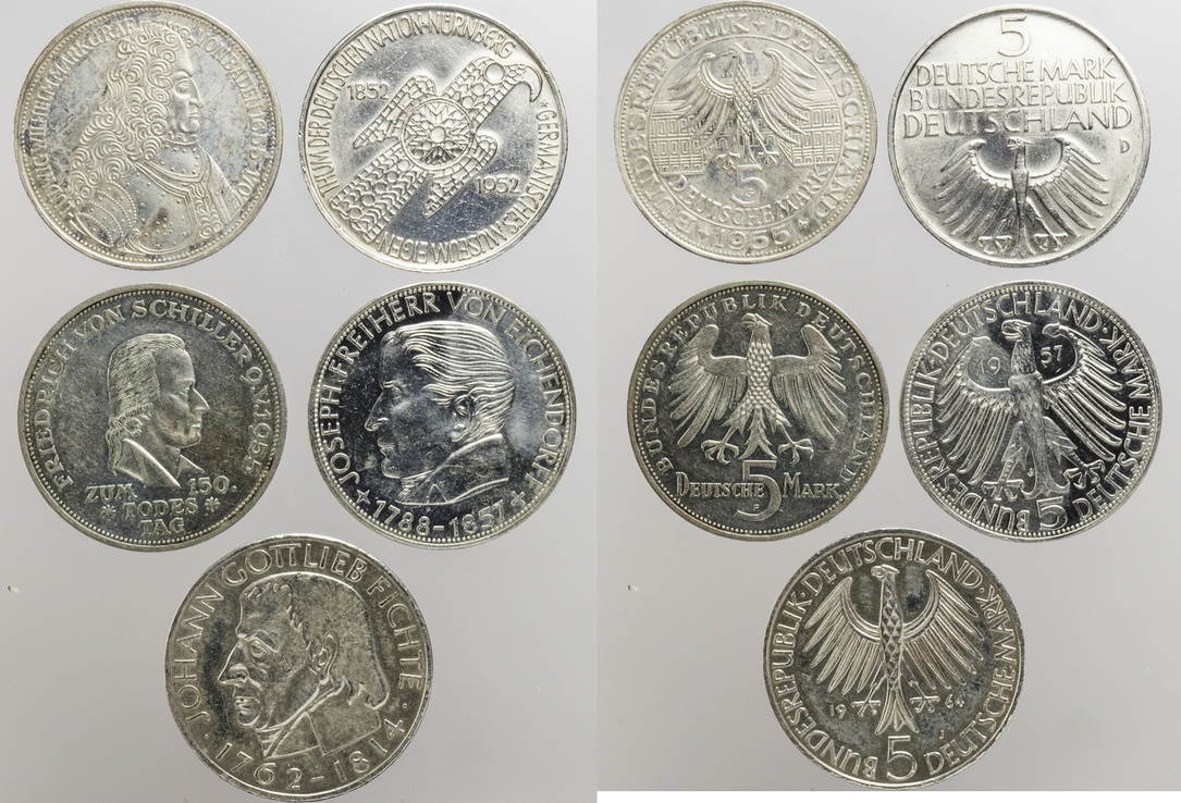 Deutschland Bundesrepublik 5 x 5 DM 1952 1964 Lot ersten fünf