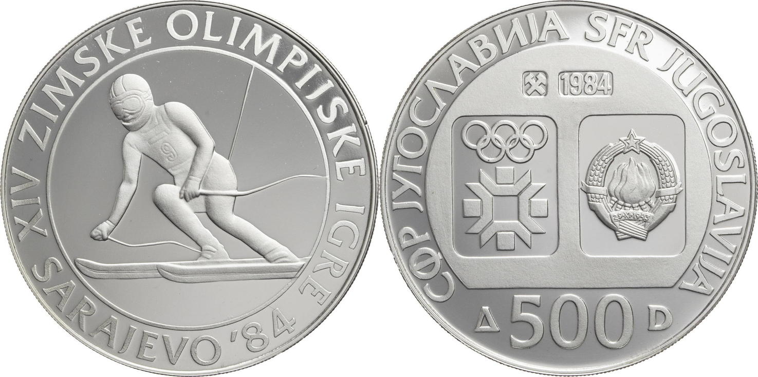 Jugoslawien 500 Dinar Olympische Winterspiele Sarajewo 1984 Skifahrer