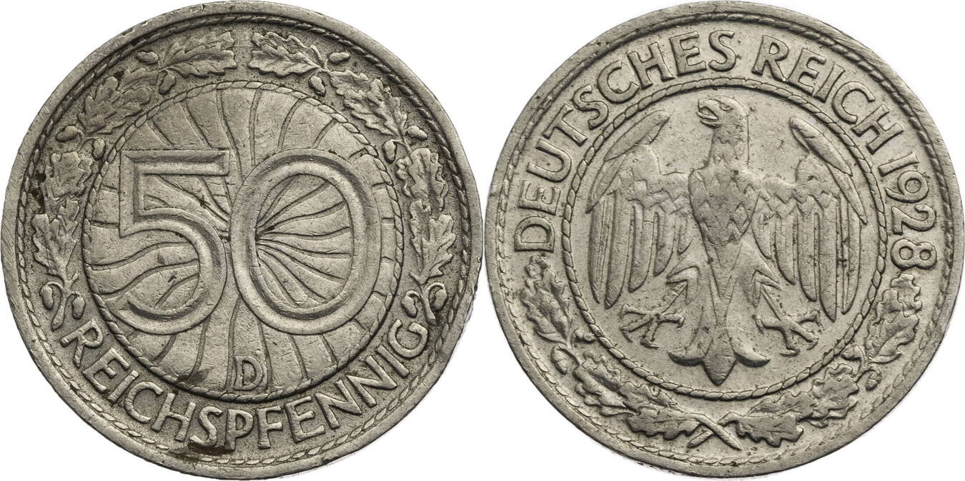 Weimarer Republik 50 Reichspfennig 1928 D Kursmünze 1927 1938 ss MA