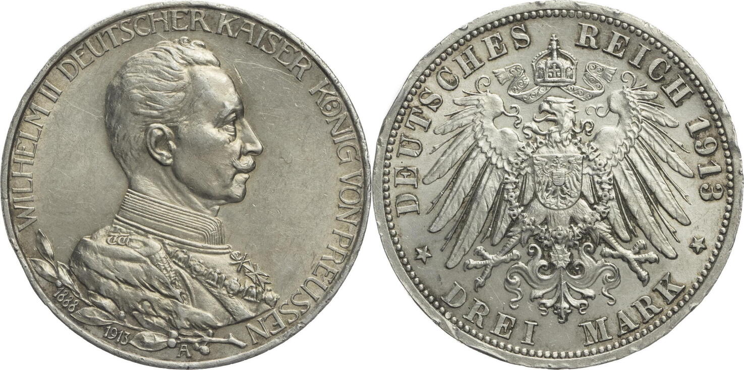 Kaiserreich Preussen 3 Mark 1913 A Wilhelm II 1888 1918 Zum 25