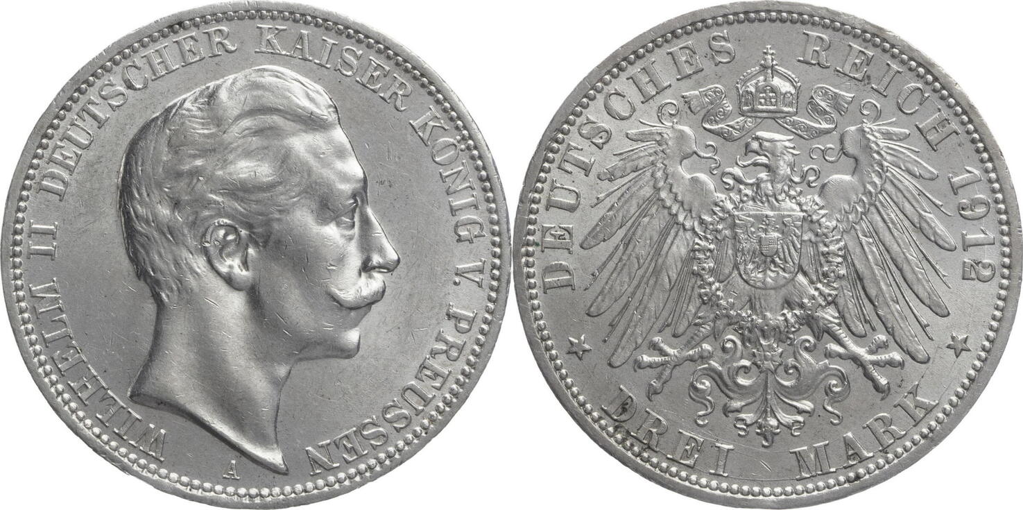 Kaiserreich Preussen 3 Mark 1912 A Wilhelm II 1888 1918 Kursmünze