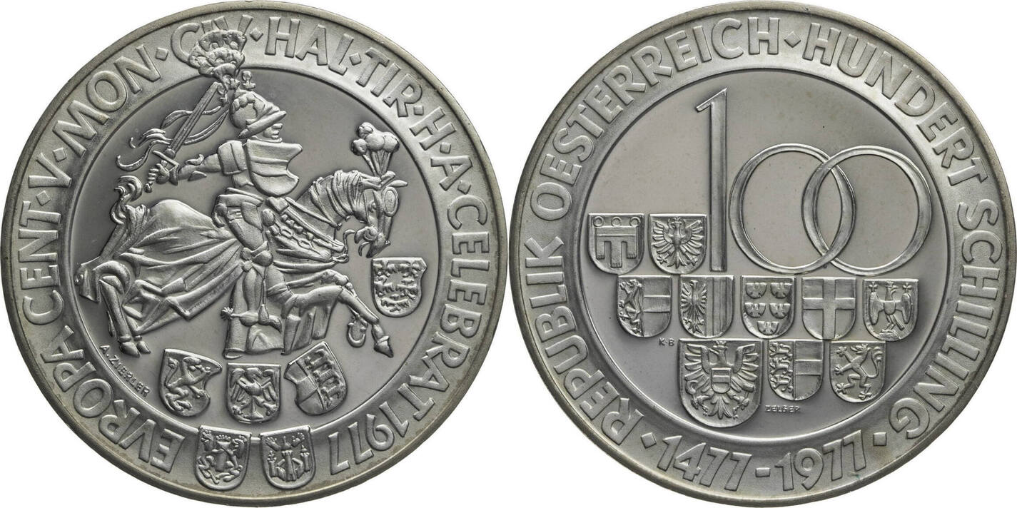 Österreich 100 Schilling 1977 500 Jahre Münze Hall PP in Kapsel MA Shops