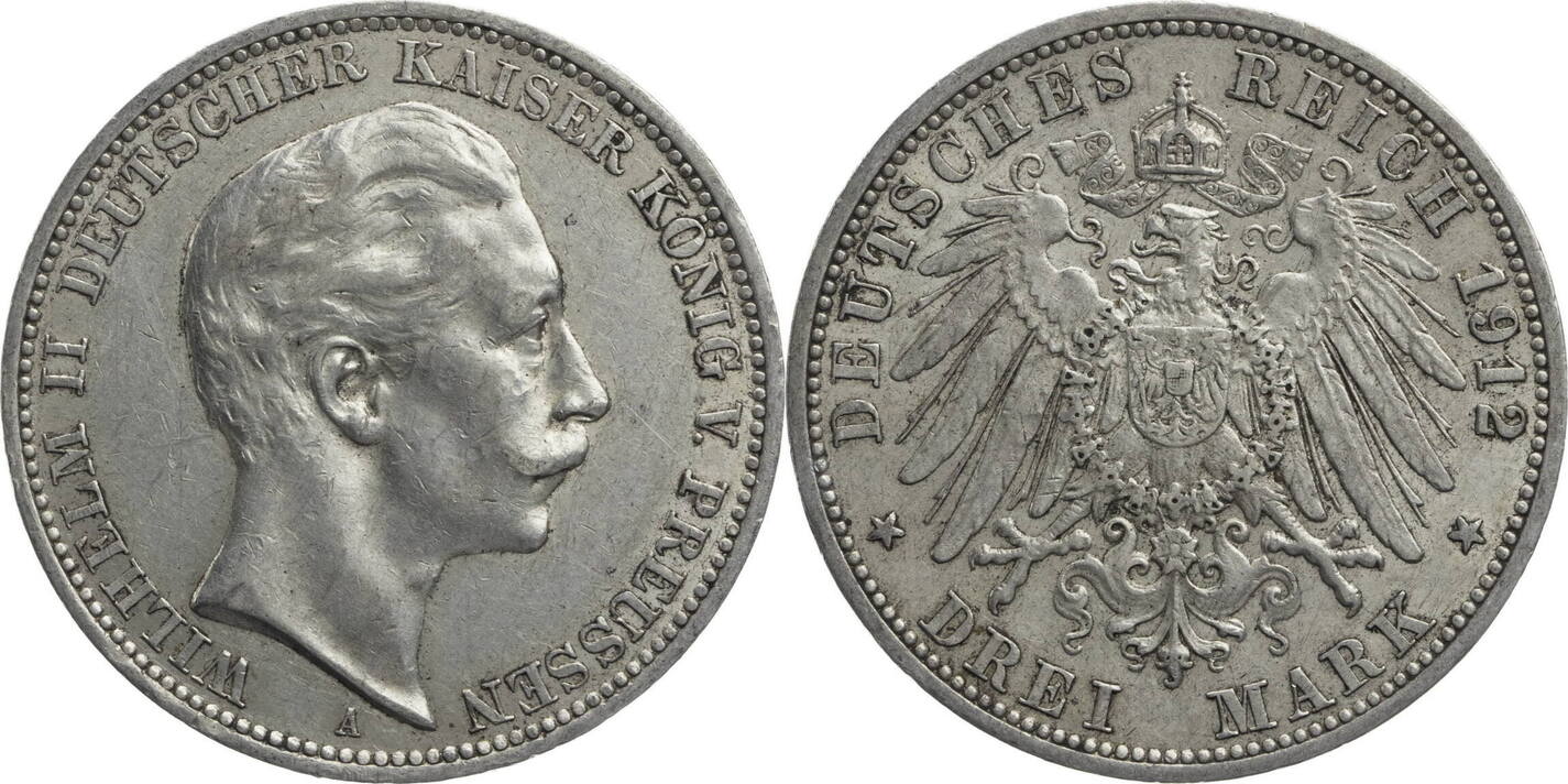 Kaiserreich Preussen 3 Mark 1912 A Wilhelm II 1888 1918 Kursmünze