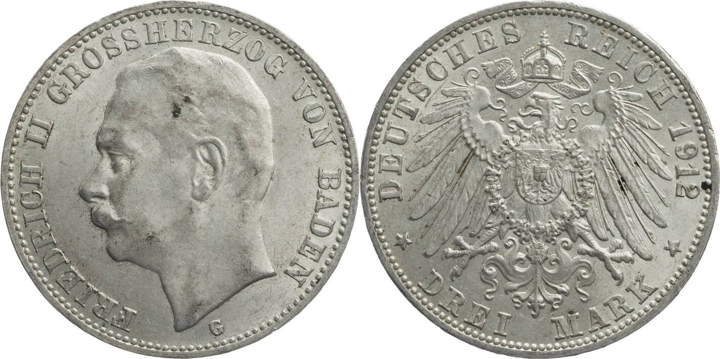 Kaiserreich Baden 3 Mark 1912 G Friedrich II 1907 1918 Kursmünze