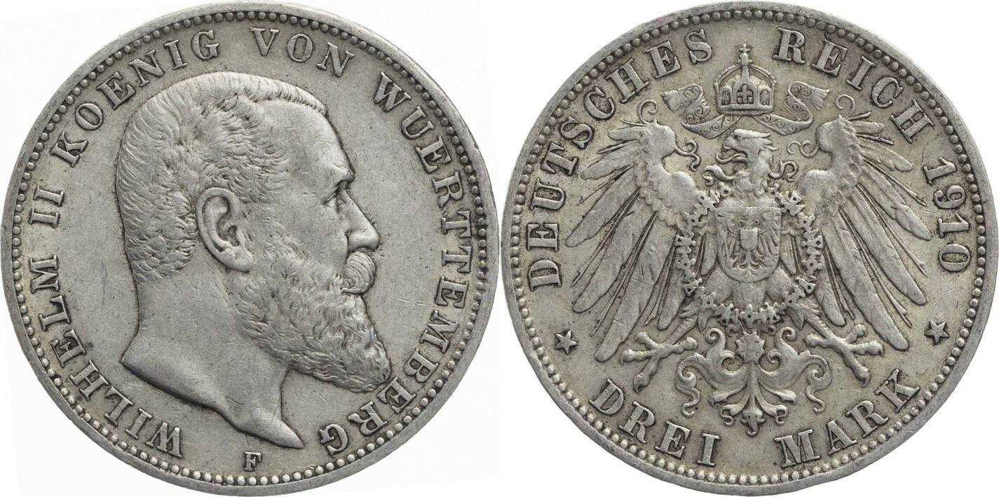 Kaiserreich Württemberg 3 Mark 1910 F Wilhelm II 1891 1918